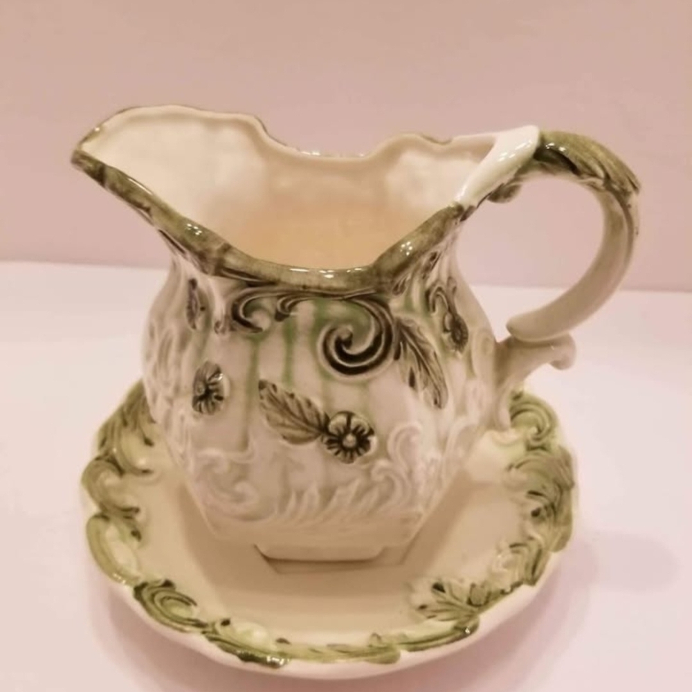 Elegant Vintage Green and Cream Ceramic Pitcher and Saucer Set